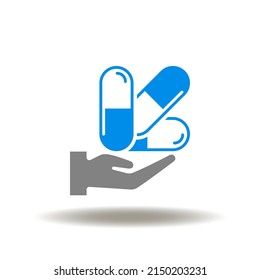 Ilustración vectorial de la cápsula de las pastillas de retención manual. Icono de la prescripción de píldora de farmacia. Símbolo médico. Signo de tratamiento farmacológico.