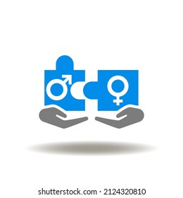 Vector illustration of hand hold puzzle pieces with gender symbols. Icon of gender equality. Symbol of man woman connection success.
