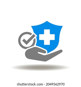 Vector Illustration Of Hand Hold Shield With Medical Cross And Check Mark. Symbol Of Health Safety. Icon Of Insurance.