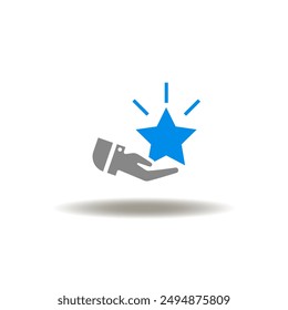 Vector illustration of hand hold shine star. Icon of review. Symbol of evaluation.