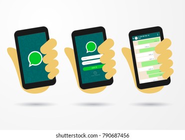 vector illustration hand hold smart phone social messenger icon login screen with name and password check and chat function