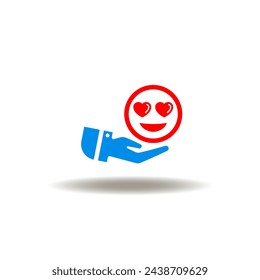 Vector illustration of hand hold smile face with eye hearts. Icon of NPS Net Promoter Score. Symbol of love. Sign of feedback, assessment, satisfaction.