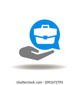 Vector illustration of hand hold speech bubble with briefcase. Symbol of business negotiations. Icon of facilitation. Facilitating business deal sign. Negotiation of terms and conditions.