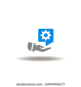 Vector illustration of hand hold speech bubble with cogwheel. Icon of customize. Symbol of facilitation service.