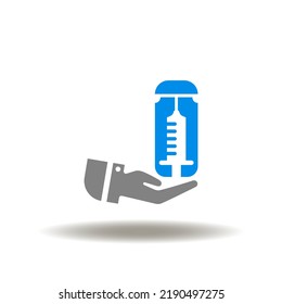 Vector illustration of hand hold vial vaccine with syringe. Icon of vaccine. Symbol of vaccination.