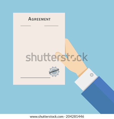 Vector illustration of a hand holding agreement or contract document paper for signing. Deal concept for business