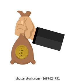 Ilustración vectorial de una mano sosteniendo una bolsa de monedas de oro.