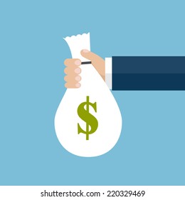 Vector illustration of  the hand  holding a bag with money. Flat design