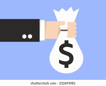 Vector illustration of the hand holding a bag with money. Flat design