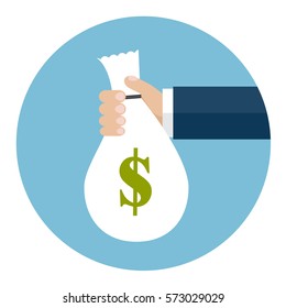 Vector illustration of the hand  holding a bag with money. Flat design