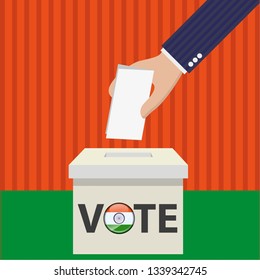 Vector illustration of a hand holding a ballet paper and a voting box on a orange and green background. Indian general elections 2019. Indian election concept art. Indian flag.