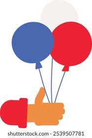 Vector illustration of a hand holding balloons of the French flag in a flat cartoon style. Rich cultural heritage, the Culture and Patriotism Festival. Celebration of french history, traditions, and