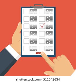 Vector illustration. Hand holding a ballot. Concept of election and choice. 