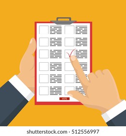 Vector illustration. Hand holding a ballot. Concept of election and choice. 