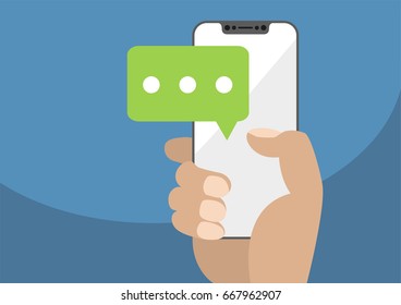 Vector illustration of hand holding bezel-free / frameless modern smartphone with chat icon to symbolize mobile chatting and conversations