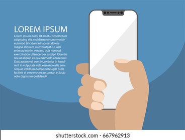 Vector illustration of hand holding bezel-free / frameless modern smartphone. Placeholder for personal design on the screen. Isolate on dark background.