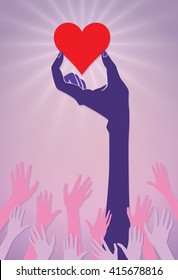 A vector illustration of a hand holding a big, red heart high while a crowd of smaller hands reach towards this symbol of love.