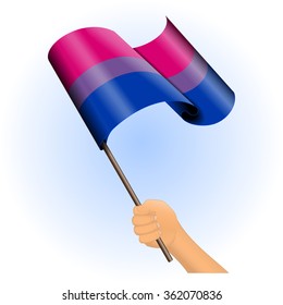 Vector illustration of a hand holding a bisexual pride flag. All elements sorted and grouped in layers