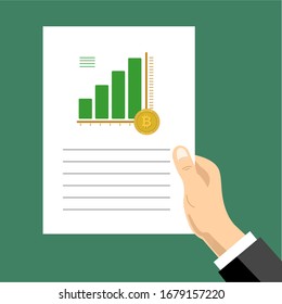 Ilustración vectorial de una mano que contiene papel ilustrado a nivel de bitcoin para criptomoneda y moneda virtual. Los niveles de bitcoin crecen y aumentan.