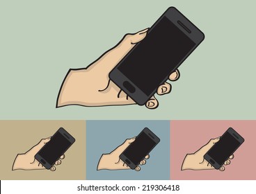 Vector illustration of a hand holding a black touch screen mobile phone isolated on different color background