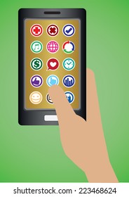Vector illustration of hand holding a black smart phone with apps icons on display. Isolated on green background