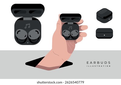 Vector Illustration of Hand Holding Black Wireless Earbuds in Charging Case – Monochrome Flat Design of Modern Audio Device