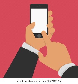 Vector illustration of hand holding black smartphone, touching blank white screen. Hand hold smartphone, finger touch screen. Cellphone template. Using mobile smart phone, flat design concept. 