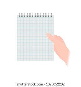 Vector illustration of a hand holding a blank squared notebook