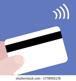 Vector illustration of hand holding a blank card with black stripe and a WiFi symbol on blue background concept of contactless payment as new normal after coronavirus pandemic outbreak 
