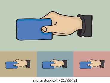 Vector illustration of a hand holding a blank card with copy space