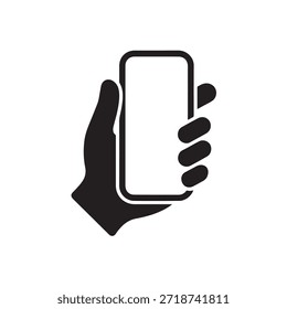 Vektorgrafik einer Hand, die einen leeren Smartphone-Bildschirm mit einem einfachen schwarzen Design auf weißem Hintergrund hält
