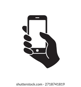 Vector illustration of a hand holding a blank smartphone screen with a simple black design on a white background