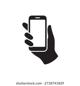 Ilustración vectorial de una mano que sostiene una pantalla en blanco del smartphone con un diseño negro simple en un fondo blanco