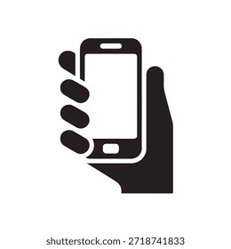 Vektorgrafik einer Hand, die einen leeren Smartphone-Bildschirm mit einem einfachen schwarzen Design auf weißem Hintergrund hält