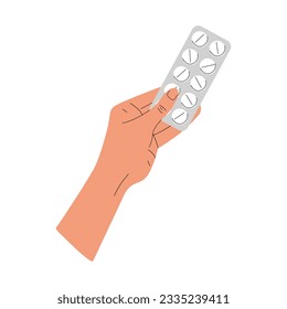 Vector illustration of a hand holding a blister with pills. The concept of healthcare. Isolated design on a white background.