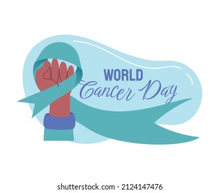 Vector illustration hand holding blue ribbon for world cancer day to encourage its prevention, detection, and treatment background.
