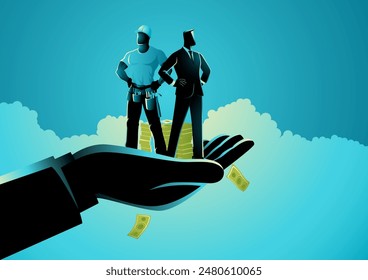 Vector illustration of a hand holding both blue collar and white collar workers. Perfect for business presentations and labor-related campaigns, it symbolizes workforce diversity and collaboration