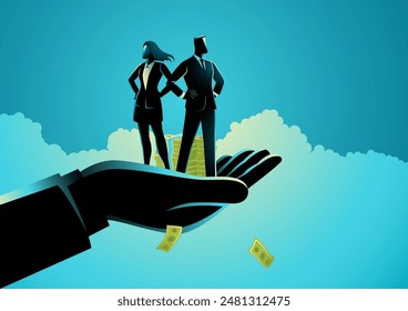 Vector illustration of a hand holding both a businesswoman and a businessman, symbolizing corporate support, care, and equality. Ideal for employee guarantee and security materials