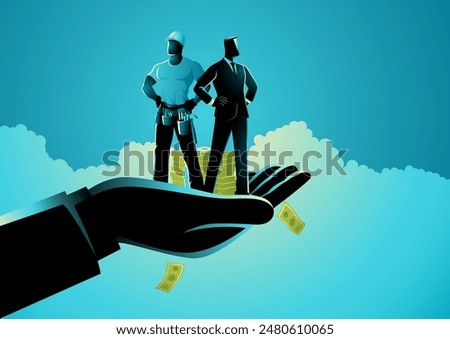 Vector illustration of a hand holding both blue collar and white collar workers. Perfect for business presentations and labor-related campaigns, it symbolizes workforce diversity and collaboration