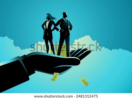 Vector illustration of a hand holding both a businesswoman and a businessman, symbolizing corporate support, care, and equality. Ideal for employee guarantee and security materials