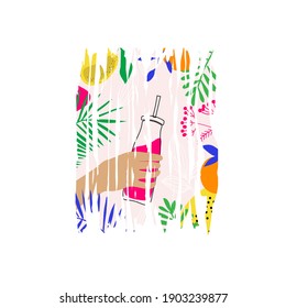 Vector illustration of a hand holding a bottle of juice.Typography for abstract printing T-shirts.