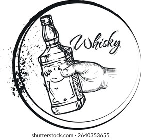 Vector illustration hand holding bottle of whiskey, drink, strong alcohol. Restaurant, bar poster, t-shirt print, sketch style, splash texture