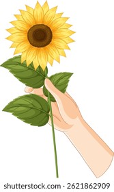 Vector illustration of a hand holding a bright sunflower with detailed leaves, showcasing vibrant colors and clean lines