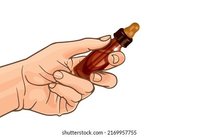 Vector Illustration Of Hand Holding Brown Dropper Glass Bottle Of Essential Oil,eye Dropper Bottle,cosmetic Oil,hemp Oil,cbd Oil,natural Cosmetics, Body Care,spa Products,medical Equipment,on White.