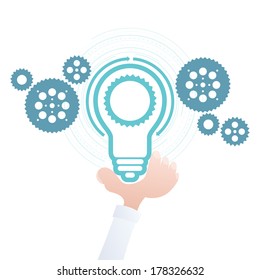 Vector illustration of hand holding a bulb with cogs to illustrate a workable idea.
