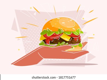 Vector illustration of a hand holding a Burger in the palm of your hand