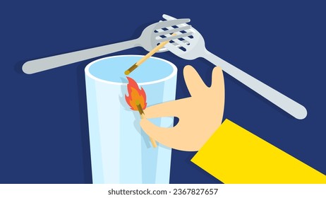 Vektorgrafik einer Hand, die ein brennendes Streichholz in einem Glas hält. Ein Experiment mit zwei Gabeln, einem Streichholz und einem Glas Wasser.