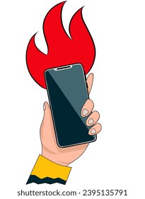 vector illustration of a hand holding a burning cellphone.