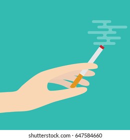 vector illustration of  hand holding burning cigarette with smoke.flat design