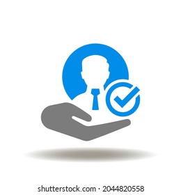 Vector Illustration Of Hand Holding Businessman Icon With Check Mark. Symbol Of Job Resume Worker Approved, Recruitment, HR. EAP Employee Assistance Program Icon.